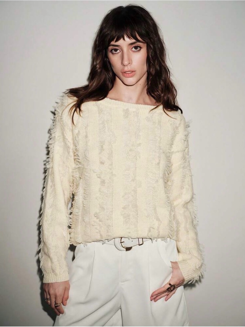 White Textured Fringe Knit Sweater
